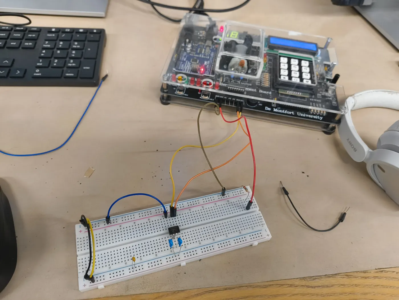 ATmega328P development board wired to a breadboard